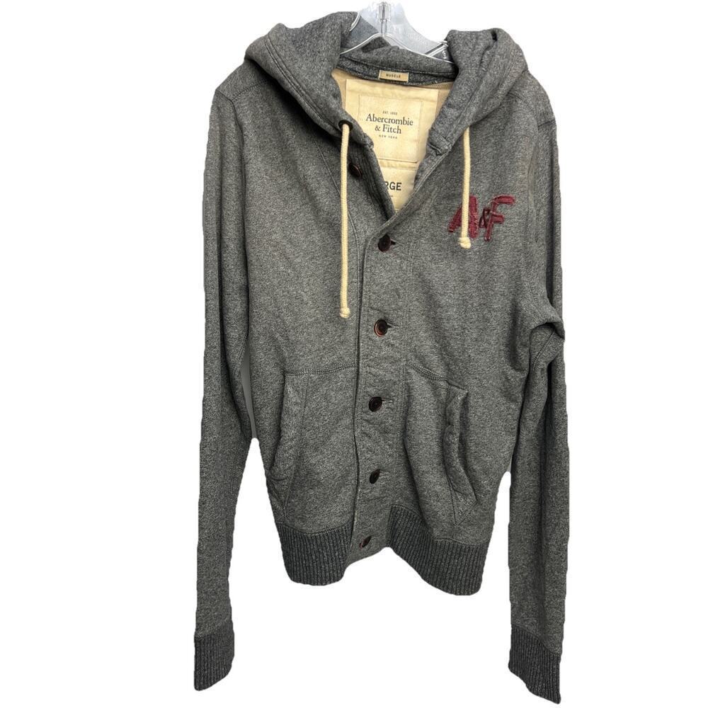 Abercrombie & Fitch Muscle Fit Button Up Hoodie Men’s XL Gray Logo Y2K Heavy